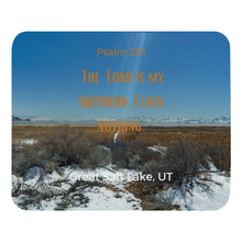 Load image into Gallery viewer, Mouse pad, where every click is accompanied by the heavenly glow of the Great Salt Lake. The inclusion of Psalm 23:1 adds a spiritual touch.
