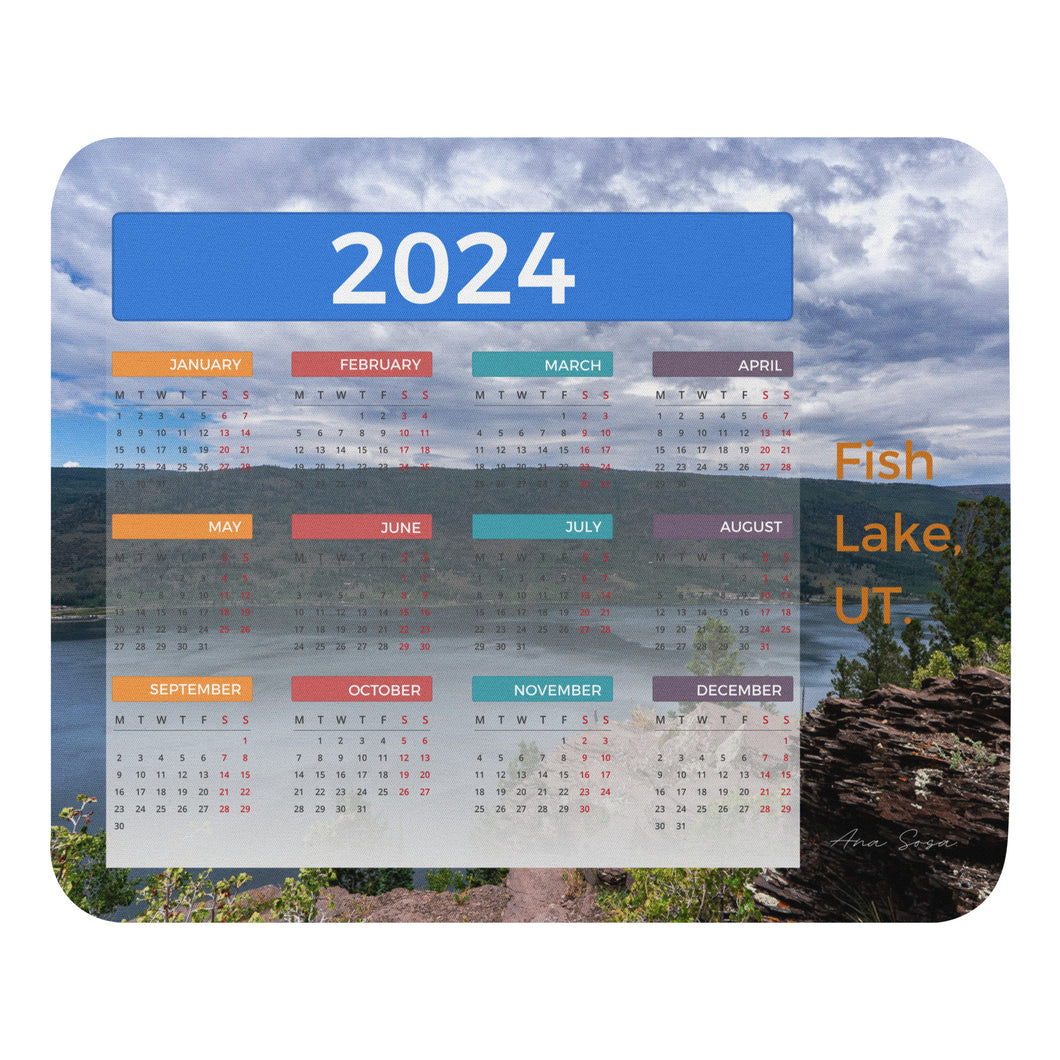 Mouse Pad, This unique design not only features an annual calendar for 2024, but also includes an image of Fish Lake that captures the essence of this extraordinary place.
