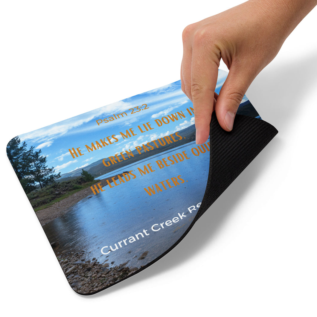 Mouse Pad, where every click is accompanied by the soothing rain-soaked waters of Currant Reservoir and the comforting words of Psalm 23:2