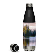 Load image into Gallery viewer, Stainless steel water bottle black 17 oz. Open to show details, back side, a colorful Crystal Lake image and &#39;Grin and watch the raimbow unfould&#39; printed.

