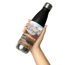 Load image into Gallery viewer, Stainless steel water bottle black 17 oz. On hand, Front side view with Colorado River and Let&#39;s go to the extra mile together printed.
