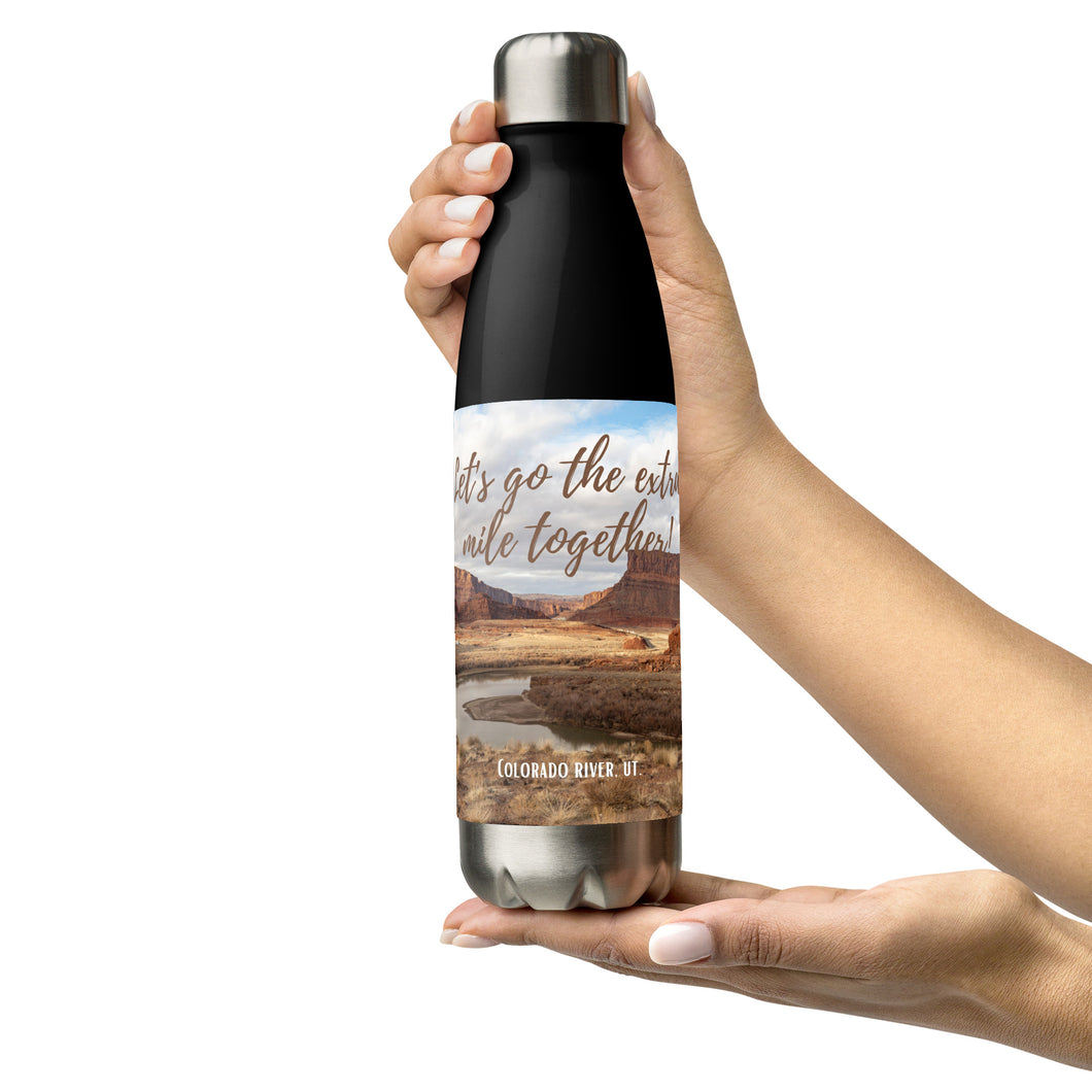 Stainless steel water bottle black 17 oz. Front side view with Colorado River and Let's go to the extra mile together printed.