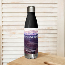 Load image into Gallery viewer, Stainless steel water bottle black 17 oz. On shelf, front side, a colorful Dead Horse Point image and &#39;Taking a sip refreshes and conquer apathy&#39; printed.
