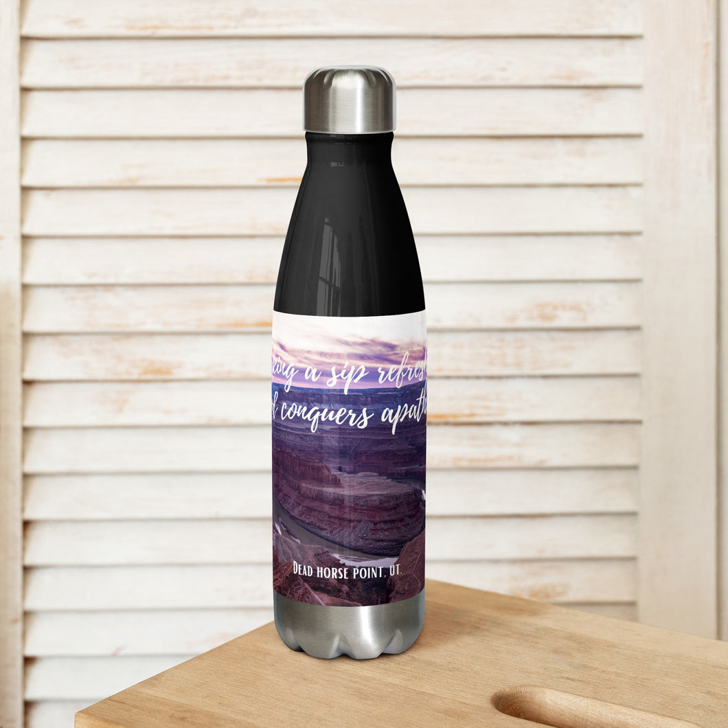 Stainless steel water bottle black 17 oz. On shelf, front side, a colorful Dead Horse Point image and 'Taking a sip refreshes and conquer apathy' printed.
