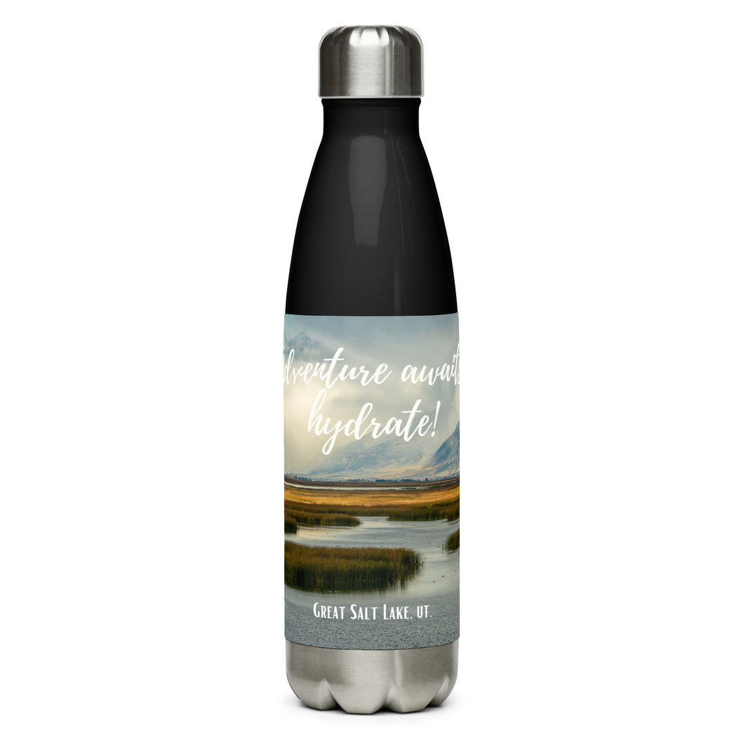Stainless steel water bottle black 17 oz. Front side, The Great Salt Lake, UT., image and 'Adventure awaits, Hydrate!' printed.