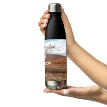 Load image into Gallery viewer, Stainless steel water bottle black 17 oz. Left side view with Colorado River and Let&#39;s go to the extra mile together printed.
