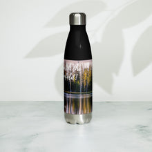Load image into Gallery viewer, Stainless steel water bottle black 17 oz. Left side, a colorful Crystal Lake image and &#39;Grin and watch the raimbow unfould&#39; printed.

