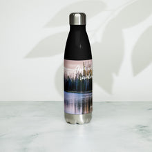 Load image into Gallery viewer, Stainless steel water bottle black 17 oz. Right side, a colorful Crystal Lake image and &#39;Grin and watch the raimbow unfould&#39; printed.
