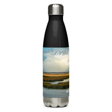 Load image into Gallery viewer, Stainless steel water bottle black 17 oz. Right side, The Great Salt Lake, UT., image and &#39;Adventure awaits, Hydrate!&#39; printed.

