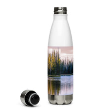 Load image into Gallery viewer, Stainless steel water bottle white 17 oz. Open to show details, back side, a colorful Crystal Lake image and &#39;Grin and watch the raimbow unfould&#39; printed.
