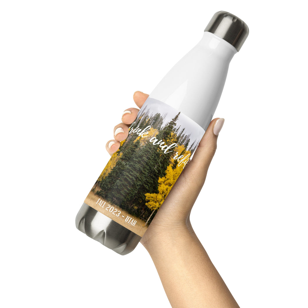 Stainless steel water bottle white 17 oz, with Fall 2023 picture printed, Collectible! Handel on hand for size reference