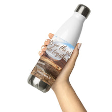 Load image into Gallery viewer, Stainless steel water bottle white 17 oz. On hand, front side view with Colorado River and Let&#39;s go to the extra mile together printed.
