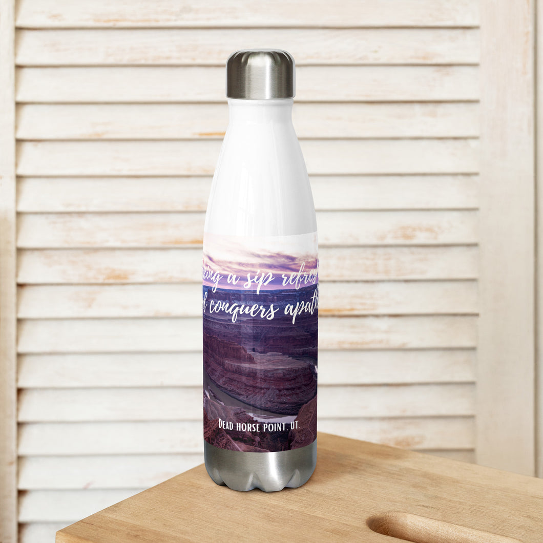 Stainless steel water bottle white 17 oz. On shelf, front side, a colorful Dead Horse Point image and 'Taking a sip refreshes and conquer apathy' printed.