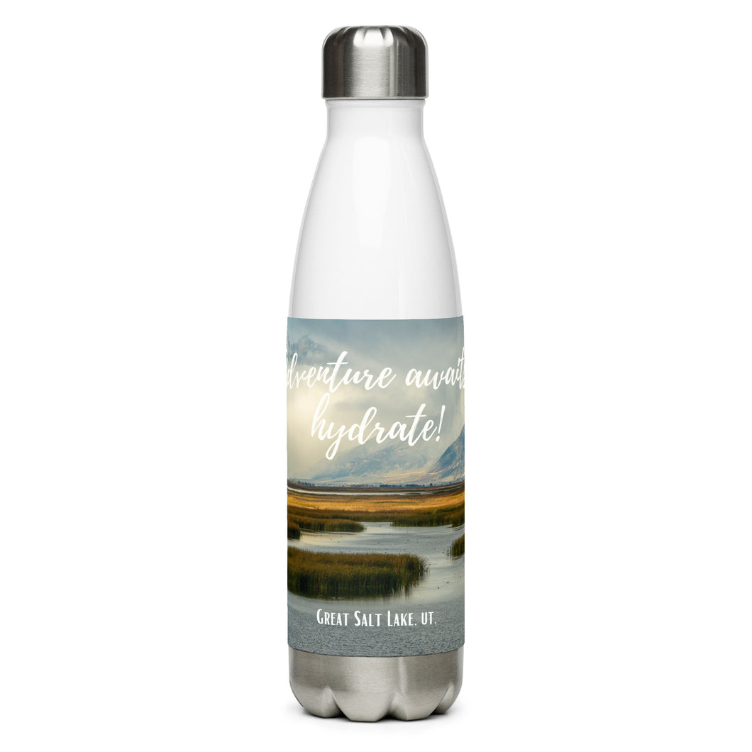 Stainless steel water bottle white 17 oz. Front side, The Great Salt Lake, UT., image and 'Adventure awaits, Hydrate!' printed.