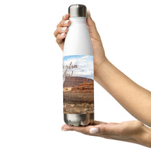 Load image into Gallery viewer, Stainless steel water bottle white 17 oz. On hand, left side view with Colorado River and Let&#39;s go to the extra mile together printed.
