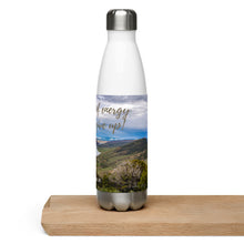 Load image into Gallery viewer, Stainless steel water bottle white 17 oz. On shelve, Left side view with Flaming Gorge Reservoir and &#39;take a sip of energy and never give-up&#39; printed.
