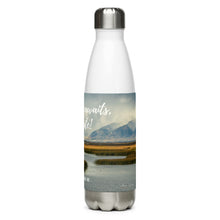 Load image into Gallery viewer, Stainless steel water bottle white 17 oz. Left side, The Great Salt Lake, UT., image and &#39;Adventure awaits, Hydrate!&#39; printed.
