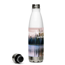 Load image into Gallery viewer, Stainless steel water bottle white 17 oz. Open to show details, right side, a colorful Crystal Lake image and &#39;Grin and watch the raimbow unfould&#39; printed.
