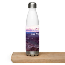 Load image into Gallery viewer, Stainless steel water bottle white 17 oz. On shelf, right side, a colorful Dead Horse Point image and &#39;Taking a sip refreshes and conquer apathy&#39; printed.
