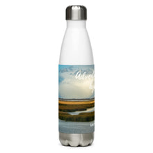 Load image into Gallery viewer, Stainless steel water bottle white 17 oz. Right side, The Great Salt Lake, UT., image and &#39;Adventure awaits, Hydrate!&#39; printed.

