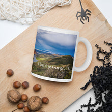 Load image into Gallery viewer, White 11 oz, glossy mug with Flaming Gorge image and halloween decor 
