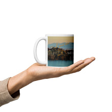 Load image into Gallery viewer, White glossy 11 oz Mug with Andy Adam&#39;s Reservoir and Great Salt Lake, handle on left

