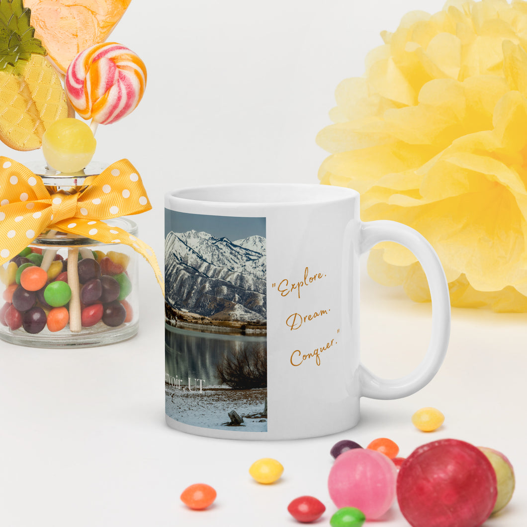 White glossy 11 oz mug with Hyrum Reservoir image, handle on right.