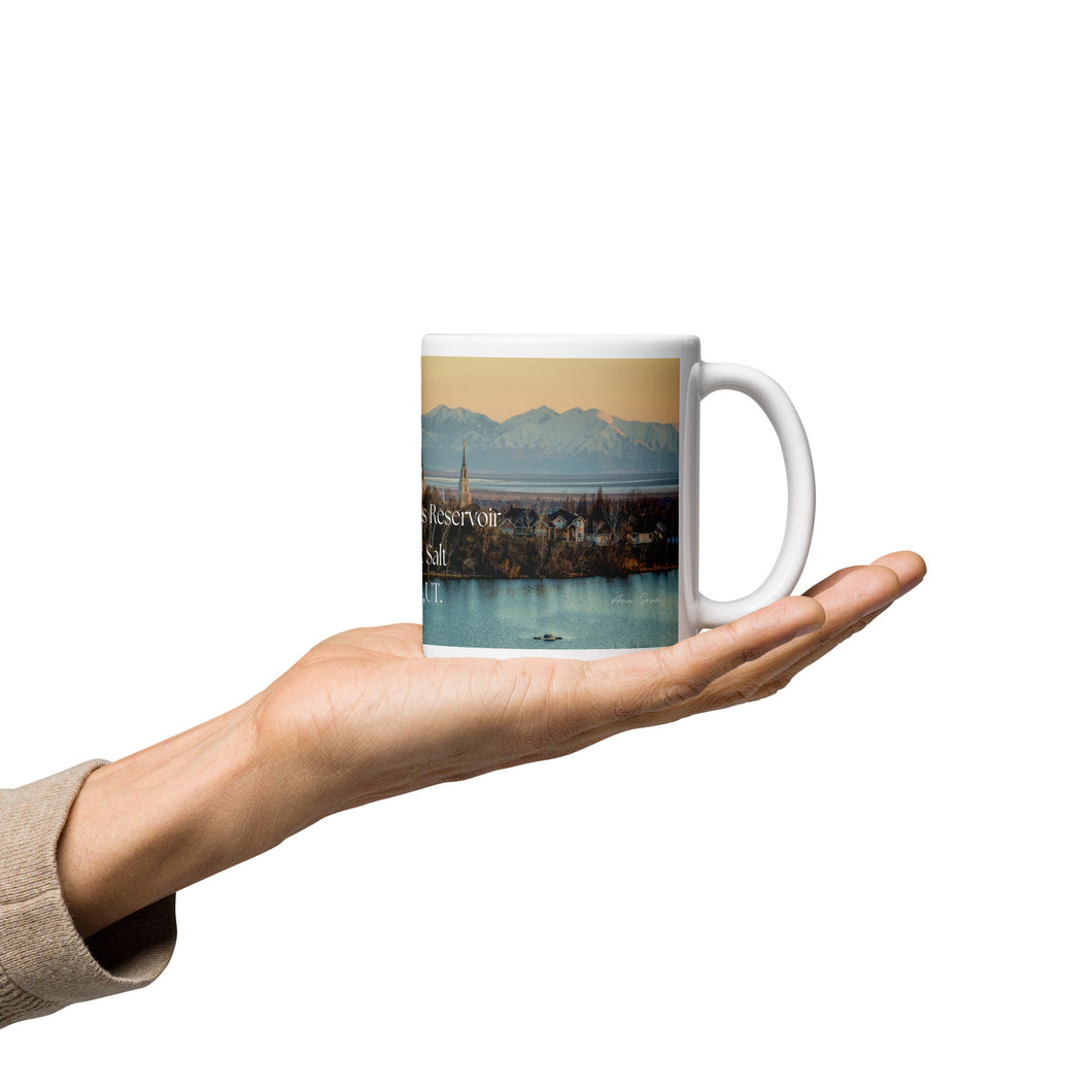 White glossy 11 oz Mug with Andy Adam's Reservoir and Great Salt Lake, handle on right