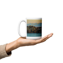 Load image into Gallery viewer, White glossy 15 oz Mug with Andy Adam&#39;s Reservoir and Great Salt Lake, handle on left
