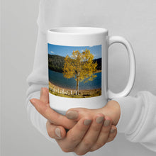 Load image into Gallery viewer, White 15-oz glossy mug with Navajo Lake image, handle on right.
