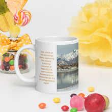 Load image into Gallery viewer, White glossy 20 oz mug with Hyrum Reservoir image, handle on left
