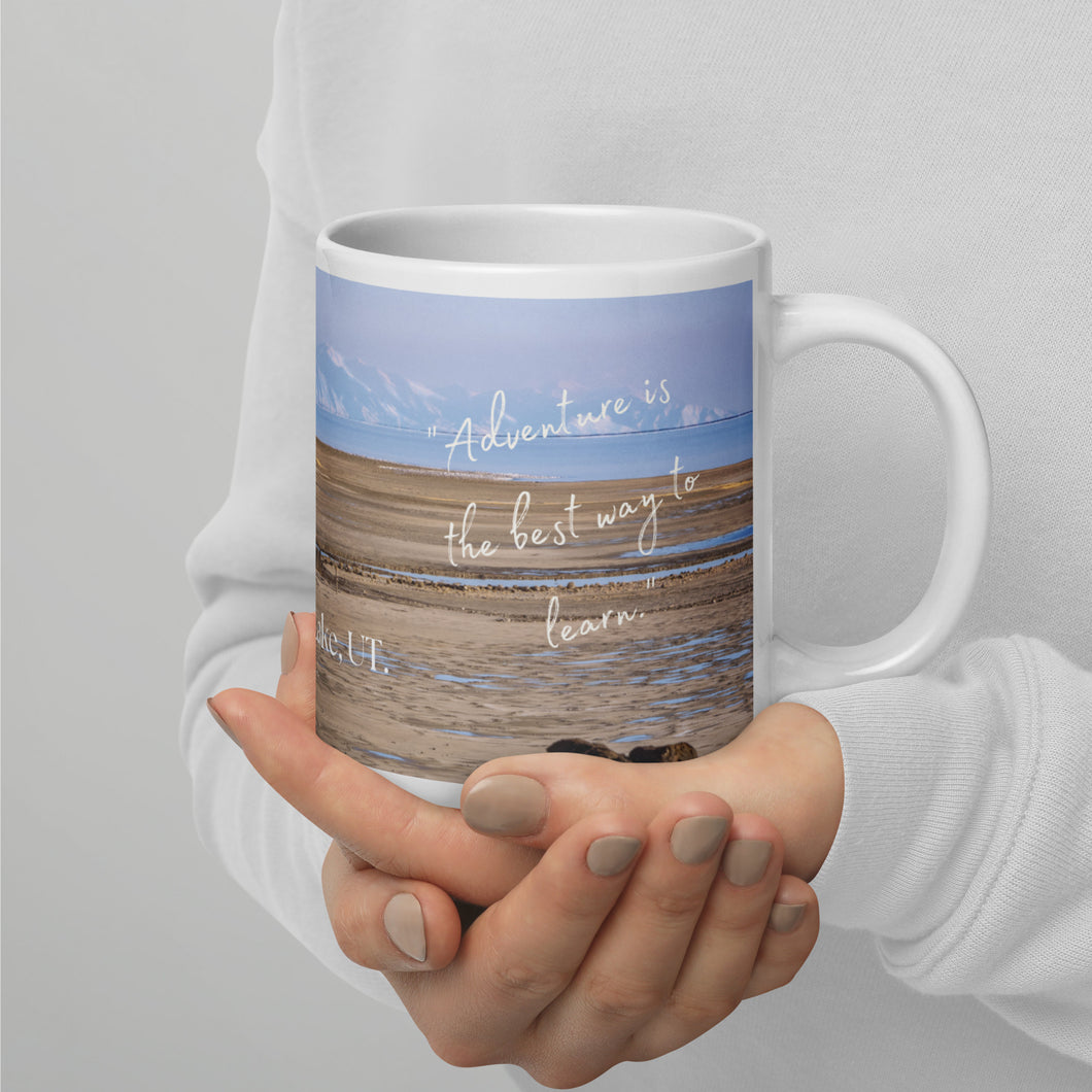 White glossy mug 20 oz with Great Salte Lake  image, handle on right.