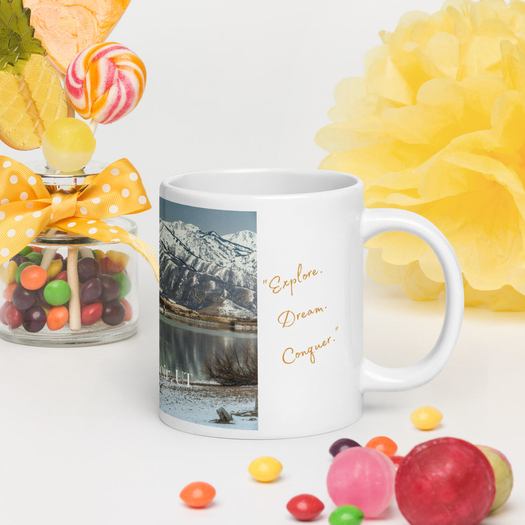White glossy 20 oz mug with Hyrum Reservoir image, handle on right.