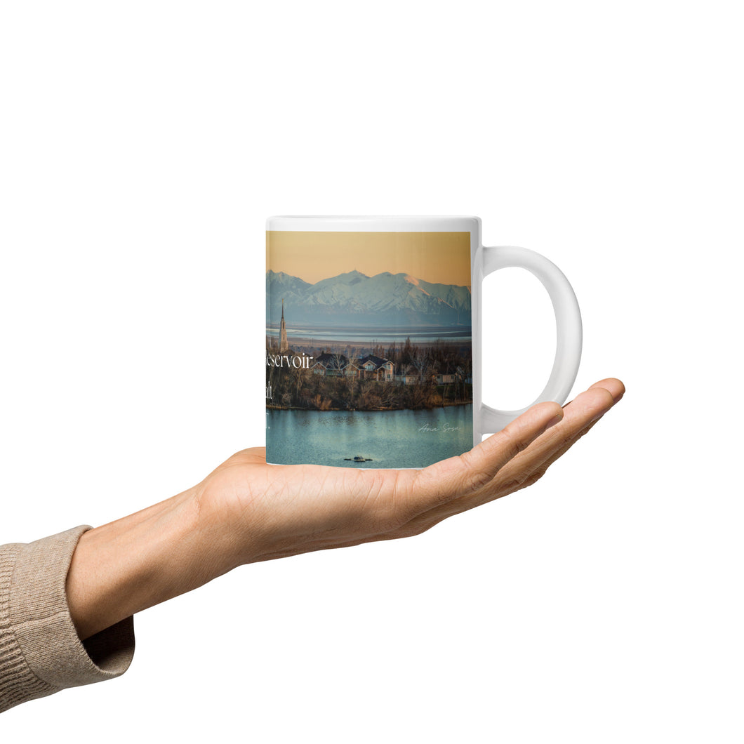White glossy 20 oz Mug with Andy Adam's Reservoir and Great Salt Lake, handle on right